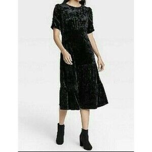 NEW Tiered Velvet Midi Dress Size S Black Crushed Keyhole Punk Whimsy Goth